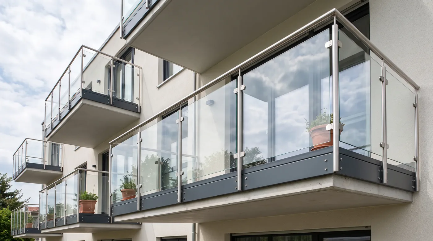 Balkonbrüstungen aus klarem Glas mit Edelstahlpfosten und Handlauf an einem Mehrfamilienhaus