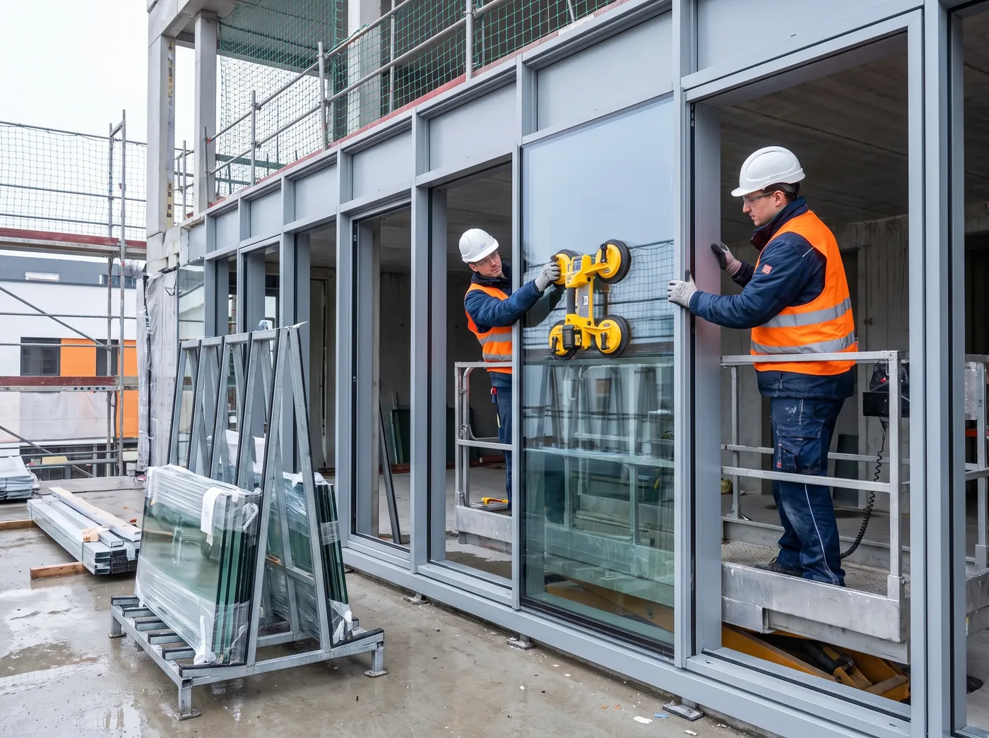 Zwei Monteure setzen mit einem Vakuumheber eine Glasscheibe in eine Pfosten-Riegel-Fassade ein