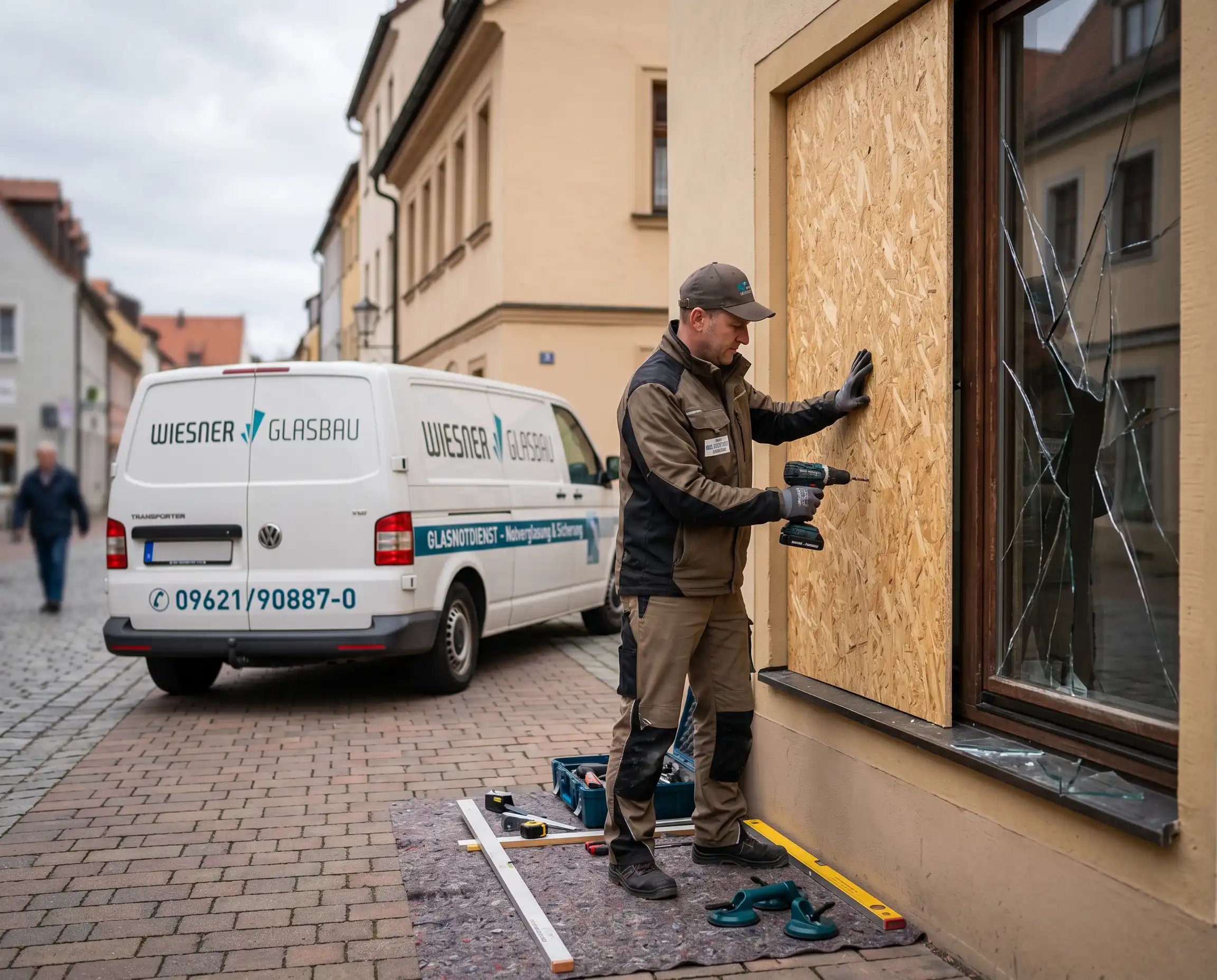 Notverglasung eines beschädigten Fensters durch die Glaserei Wiesner