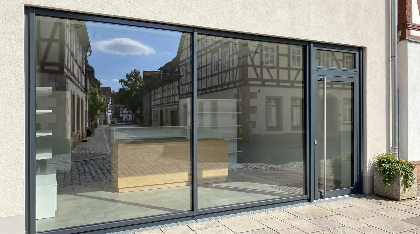 Großformatige Schaufensterverglasung mit Glastür an einem Ladengeschäft in einer Altstadtgasse