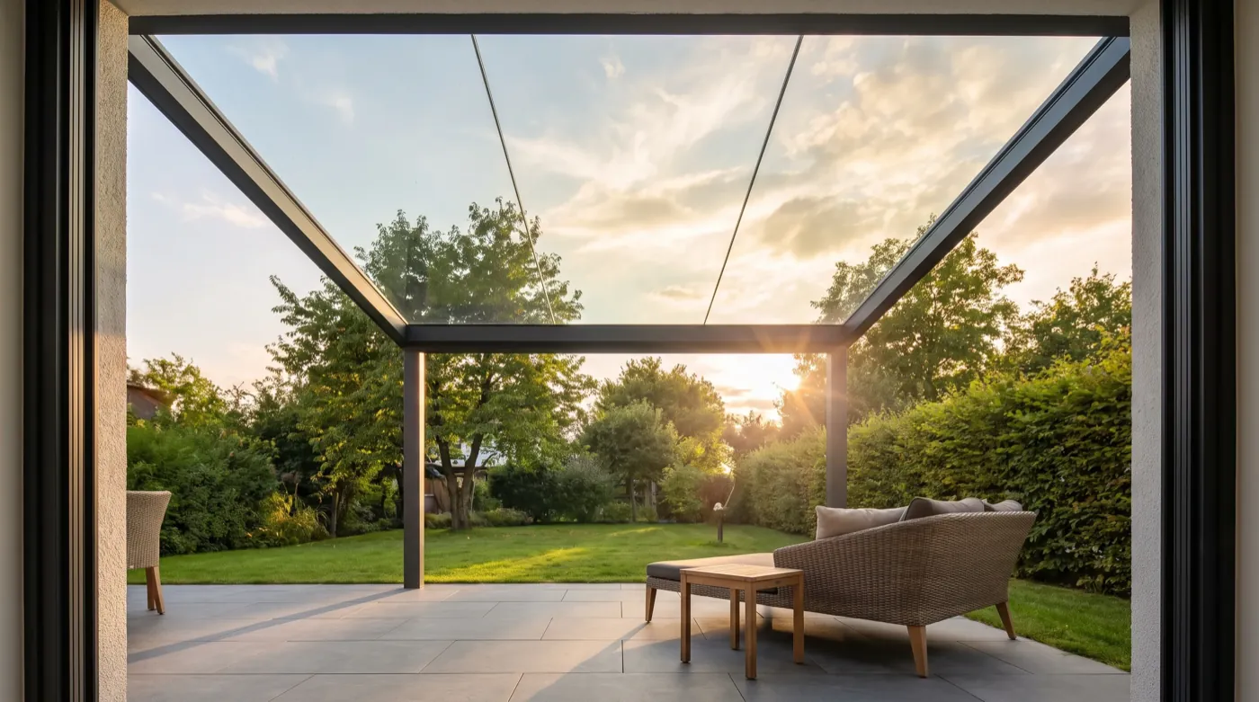 Untersicht einer Terrassenüberdachung aus Glas mit fugenloser VSG-Scheibe
