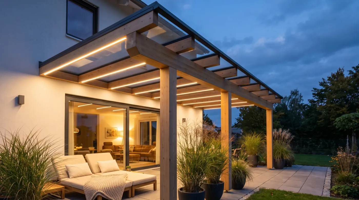 Terrassenüberdachung mit Holzkonstruktion und Glaseindeckung im Abendlicht